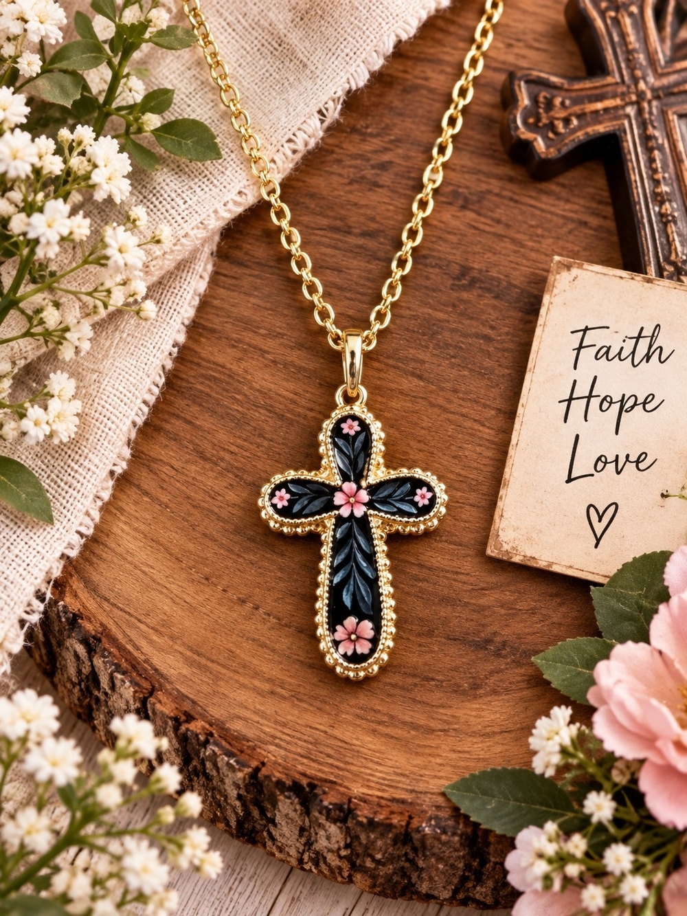 Gold Cross Pendant Necklace with Black Enamel and Pink Floral Accents